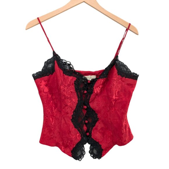 Vtg Victorias Secret Serena Cami Top Womens Red Black Lace Jacquard Button Sz M - Picture 1 of 11